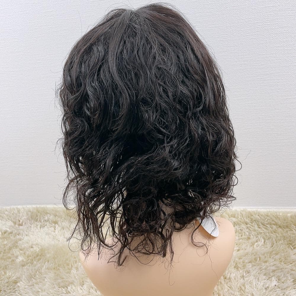 人毛100%フルウィッグ 医療用 ミディアム ウェーブ カール ブラックブラウン