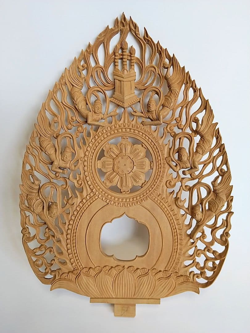 光背(3寸坐像用)#206 六飛天 角宝塔 透し彫◇白檀 木彫 仏像付属品