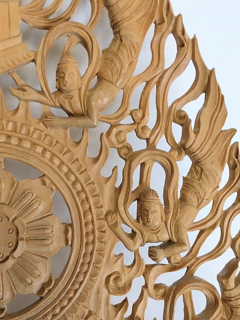 光背(3寸坐像用)#206 六飛天 角宝塔 透し彫◇白檀 木彫 仏像付属品