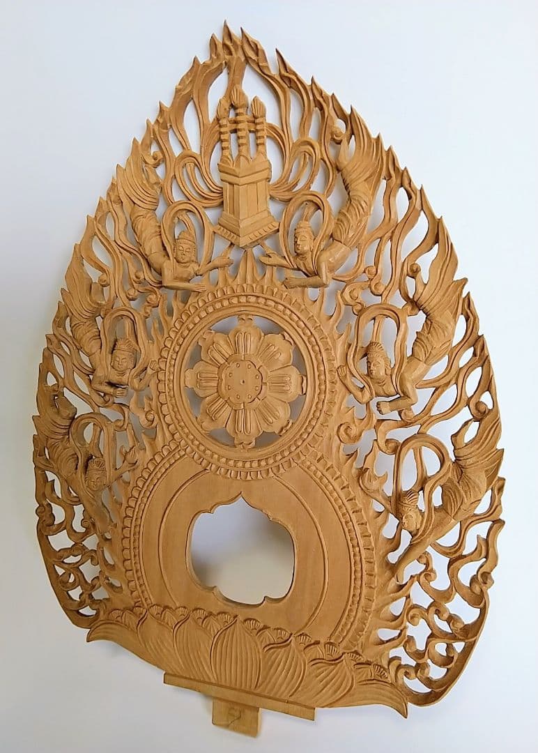 光背(3寸坐像用)#206 六飛天 角宝塔 透し彫◇白檀 木彫 仏像付属品