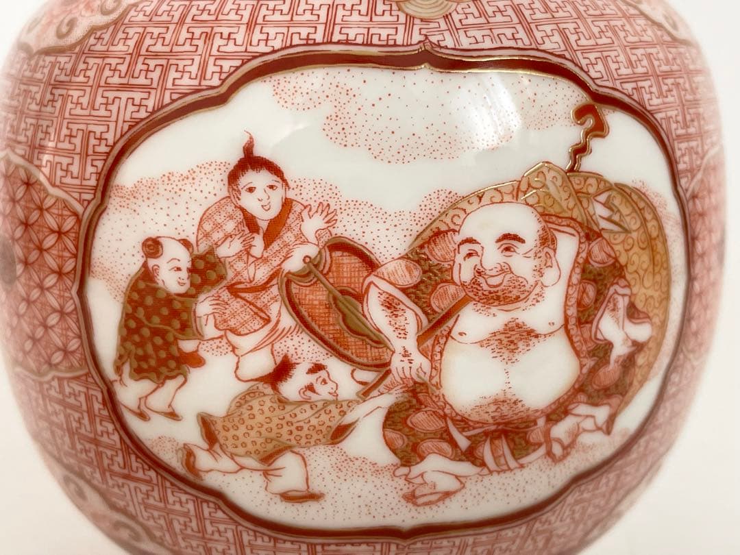 陶芸家 福島武山 九谷焼 細密赤絵 三つ足 香炉 香爐 鳳凰 菊 大黒 箱