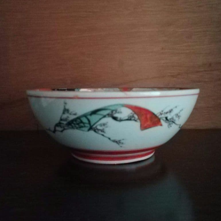 九谷焼　赤絵　鉢　手描き　人物　花鳥図　窓絵　明治　大正ロマン　和骨董