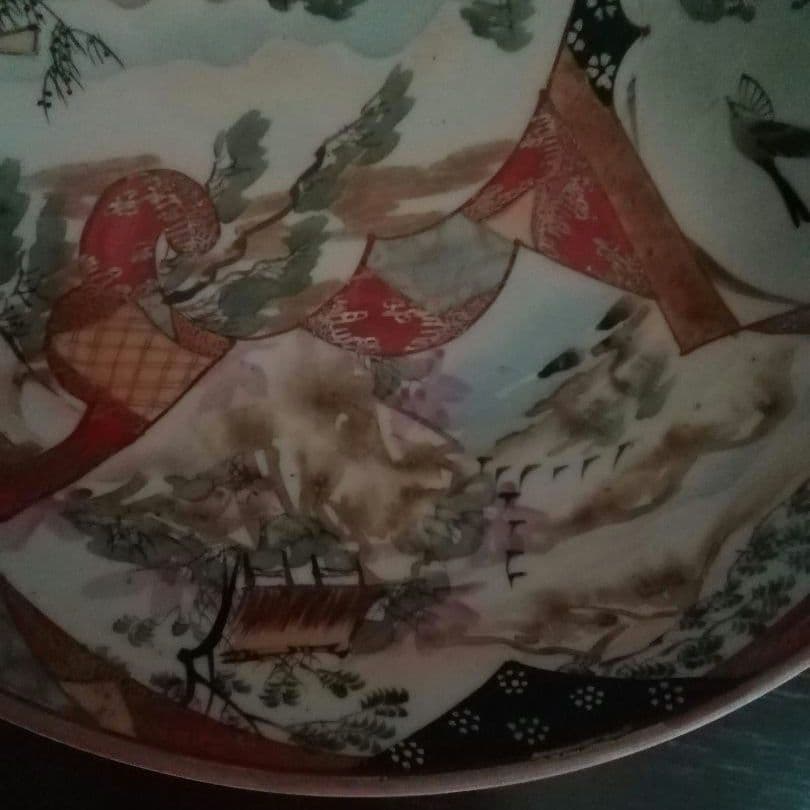 九谷焼　赤絵　鉢　手描き　人物　花鳥図　窓絵　明治　大正ロマン　和骨董