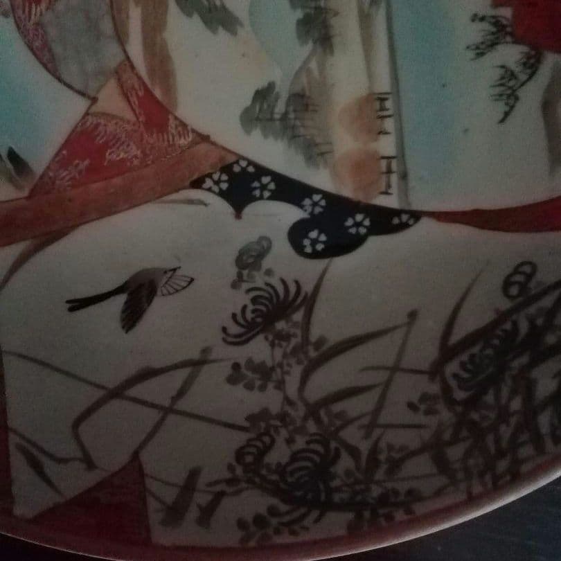 九谷焼　赤絵　鉢　手描き　人物　花鳥図　窓絵　明治　大正ロマン　和骨董