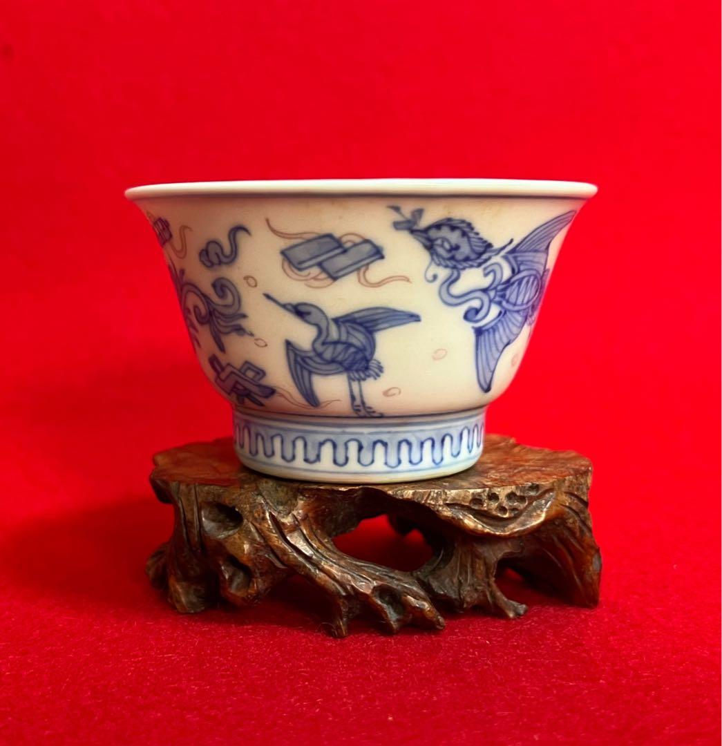 中国美術 古玩 大明成化年製 青花釉里紅 鳳紋樣茶圓