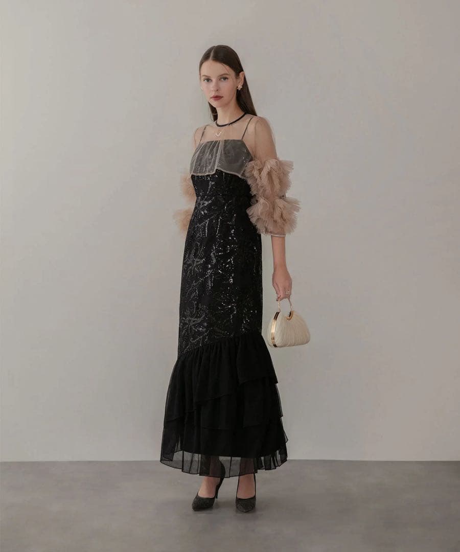 leja フラワースパンコールチュールフリルスリーブIラインワンピースドレス 黒