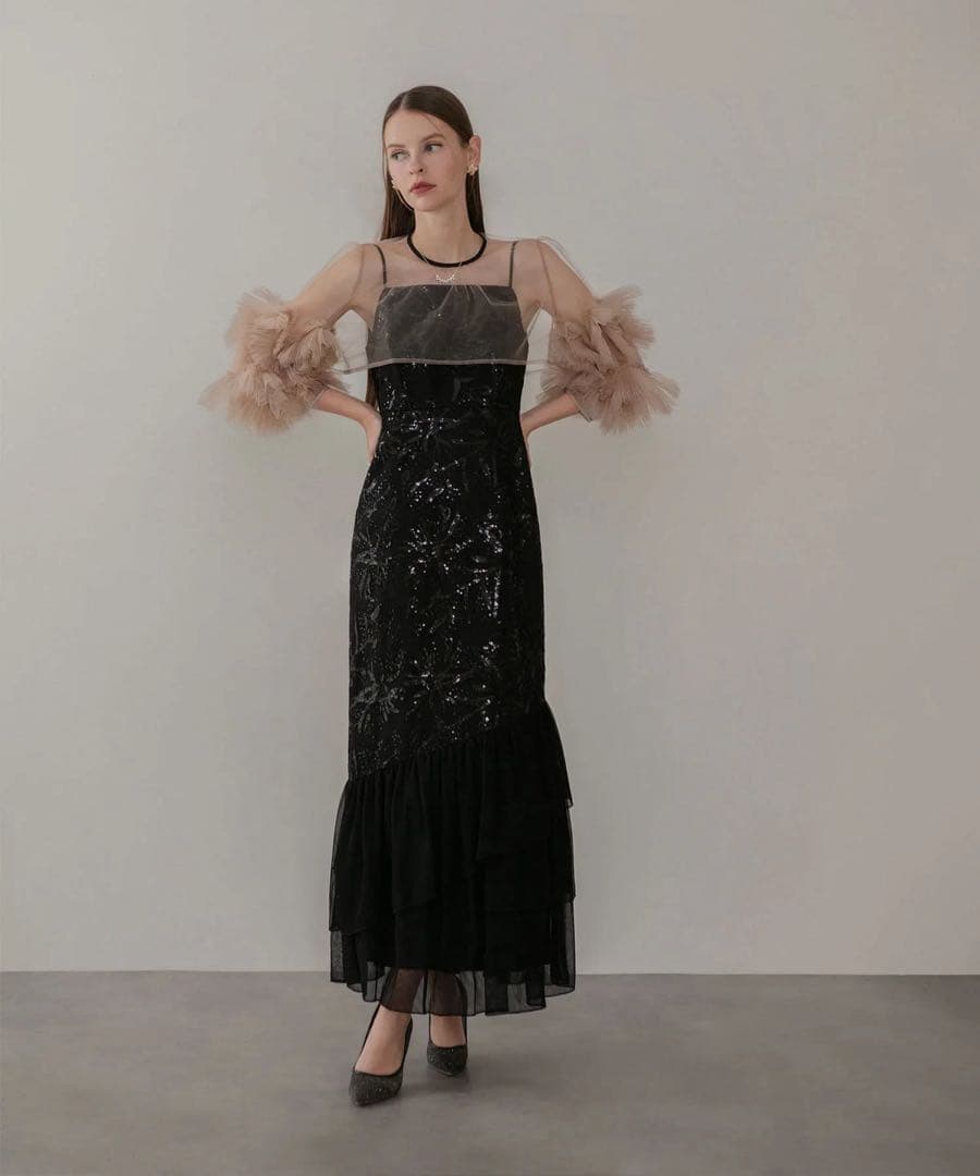 leja フラワースパンコールチュールフリルスリーブIラインワンピースドレス 黒