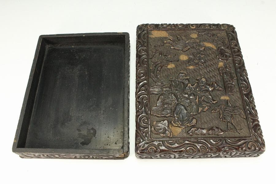 中国美術 彷 堆黒 具利縁 人物鳳鶴紋 蓋物(K-YC375) - メルカリ