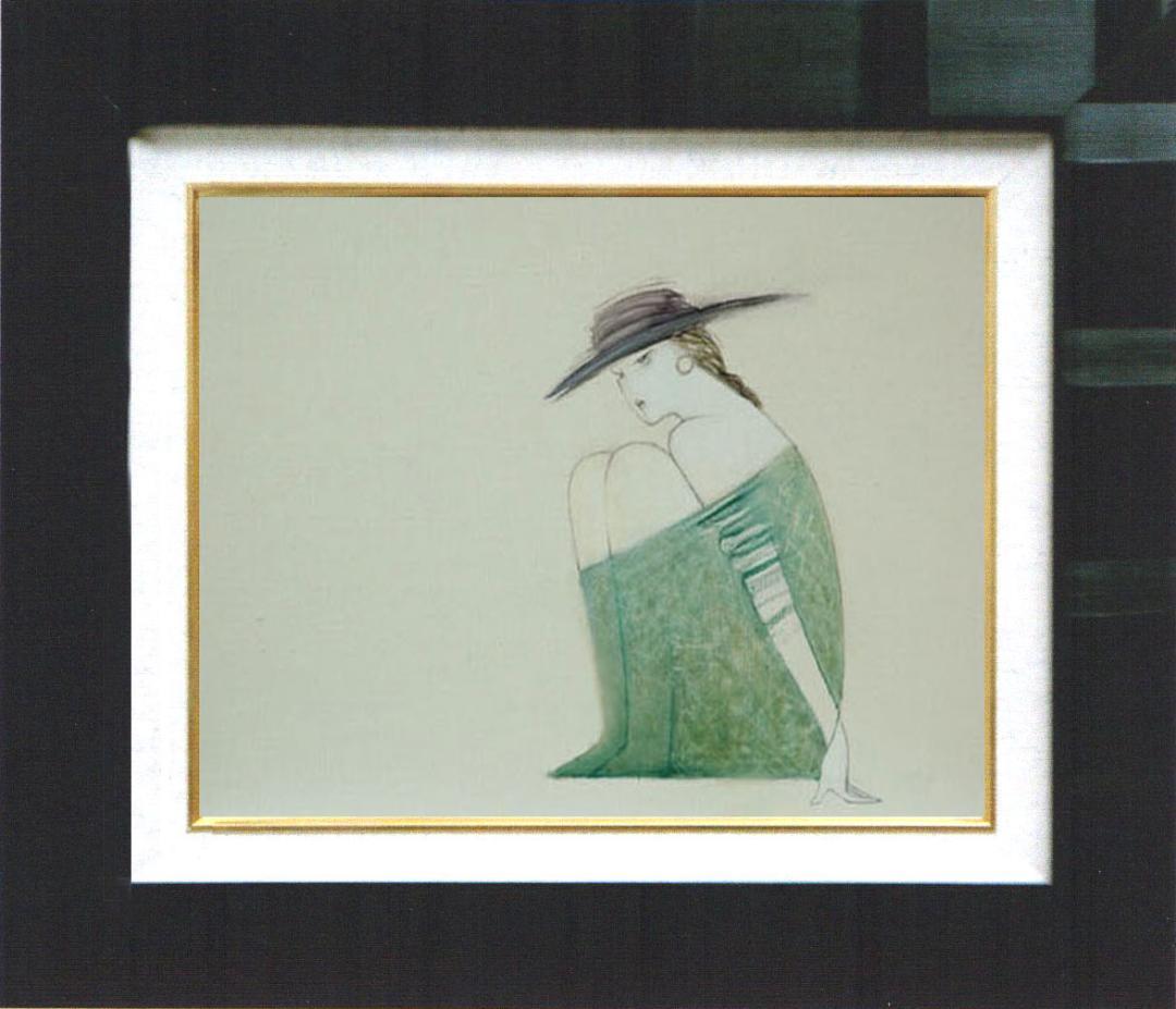 油絵 菅家令子 絵 絵画インテリア額付(青緑＋金色の枠) F4-072012女性