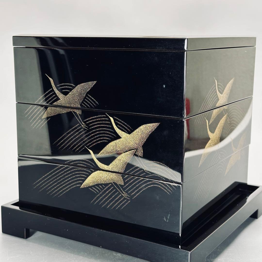 輪島塗 三谷吾一 漆器 花器 黒地 金色 鶴 千羽鶴 木箱付き