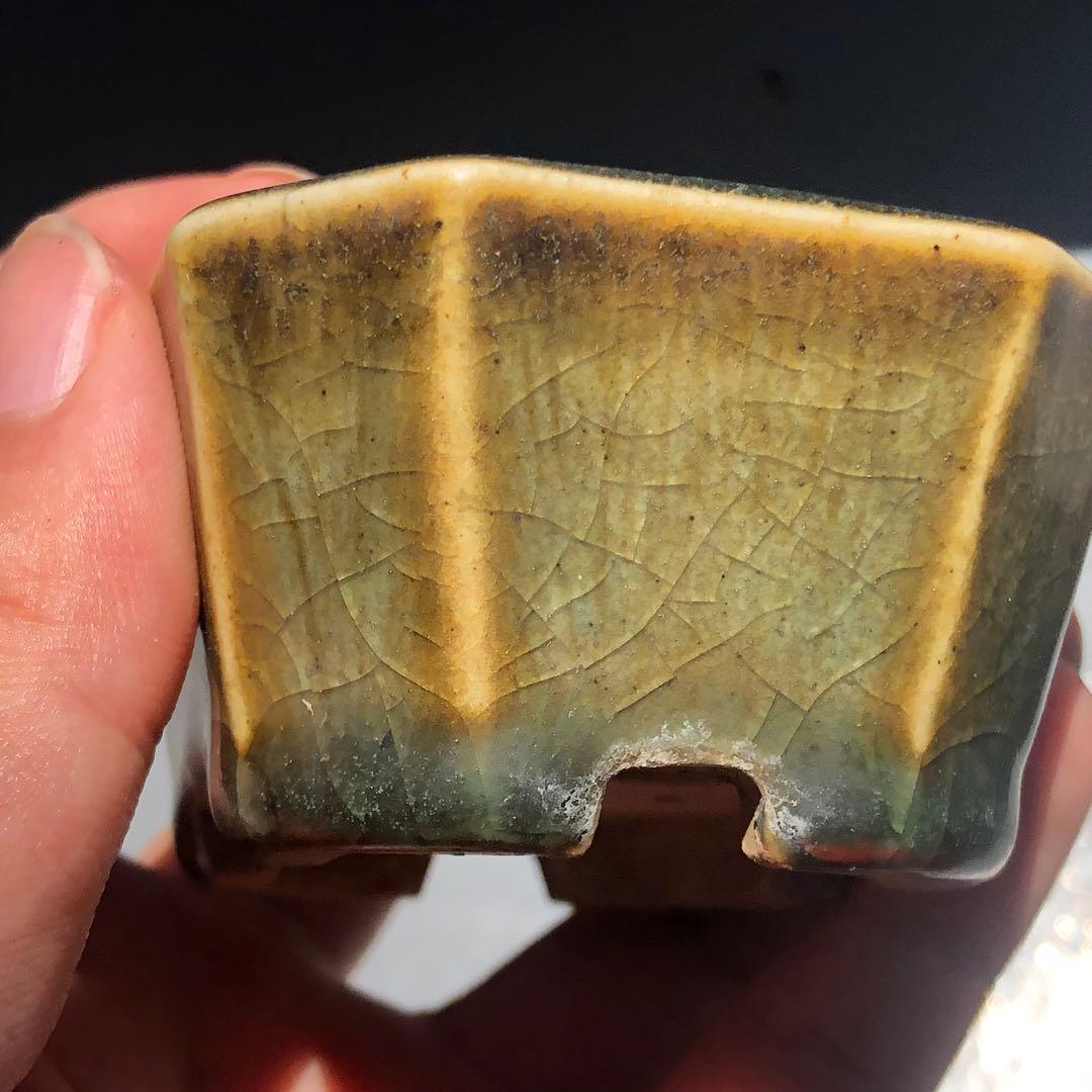 436.正子 窯変織布釉切角長方 盆栽鉢 7.6*6*3.7cm