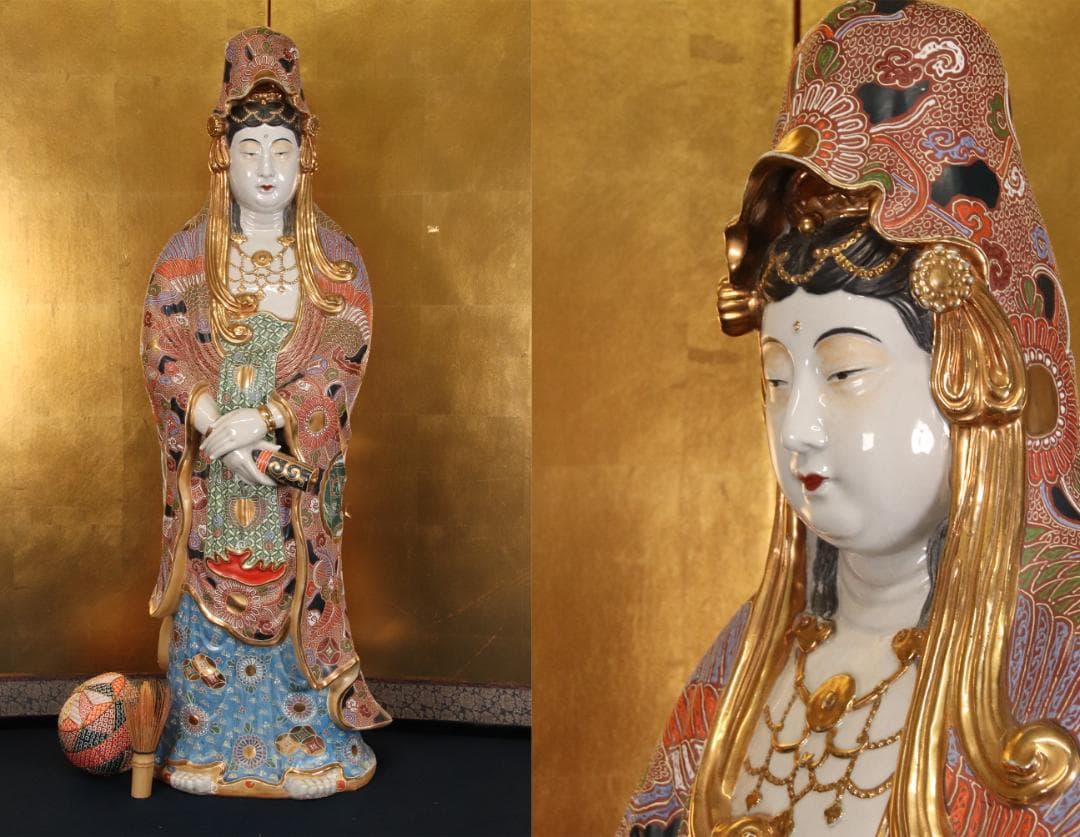 観音菩薩立像 約40cm 九谷焼 骨董 観音様 ◇九谷焼・菊仙・色絵金彩・観音