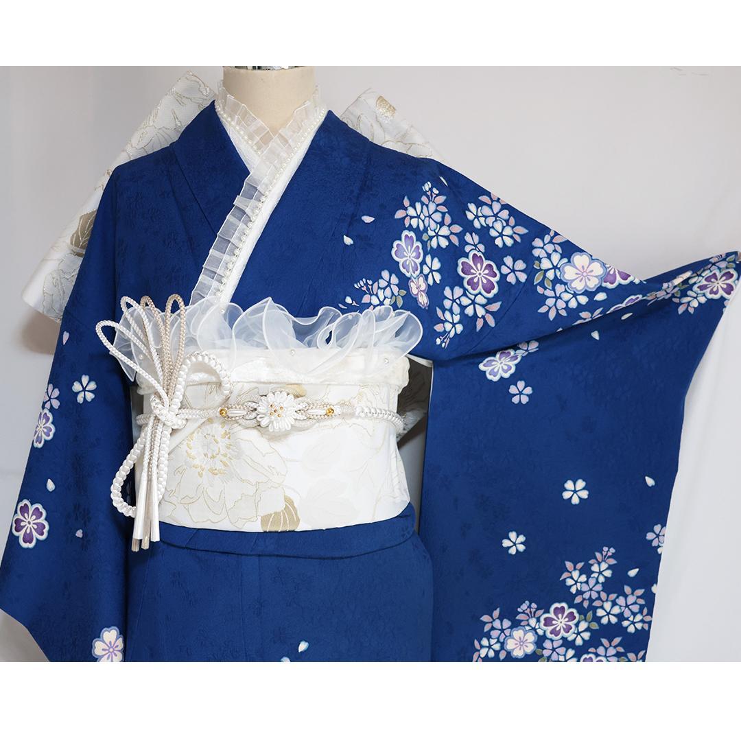 人気青色□桜柄□振袖7点セット丈154cm帯新品フルセット
