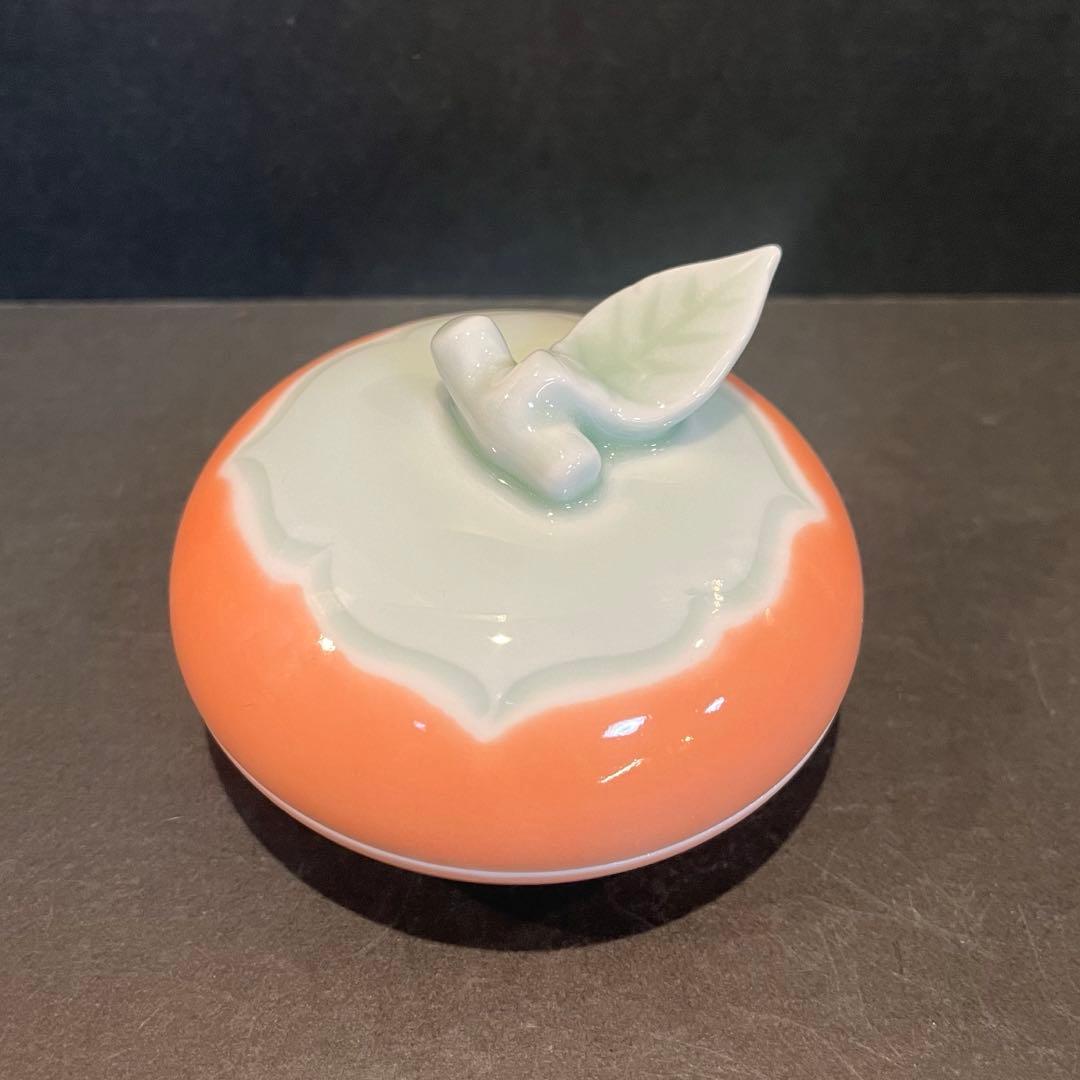 未使用　人間国宝 井上萬二「彩釉 柿 香合」共箱共布陶歴あり