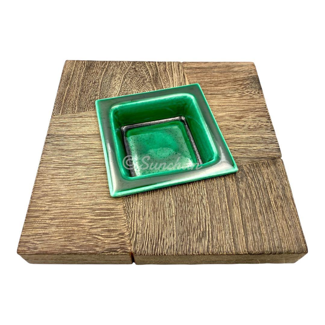 未使用品】 九谷焼 天然木工芸と九谷焼陶磁器の灰皿 古美術品 骨董