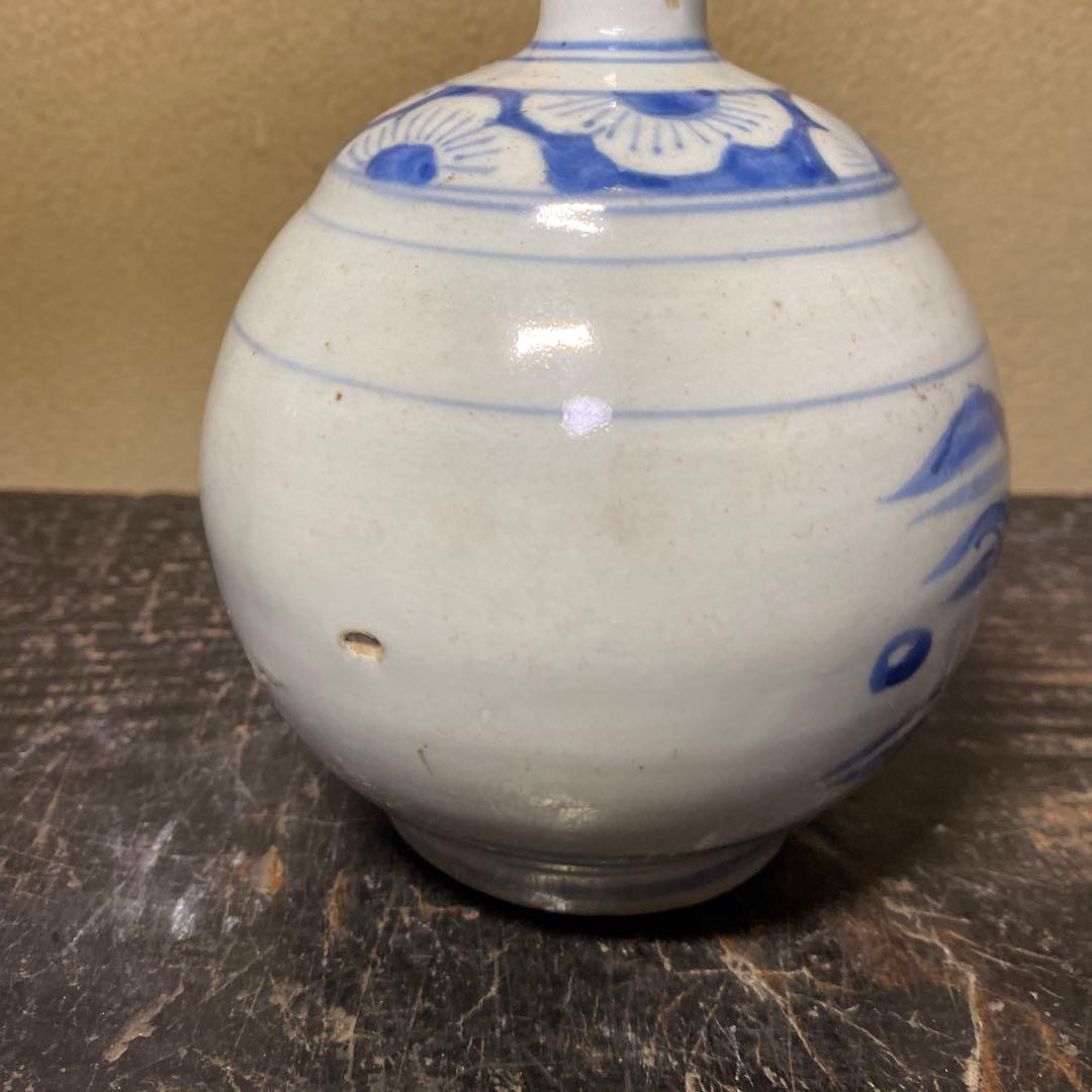 江戸時代　染付波千鳥丸徳利14.5cm10cm