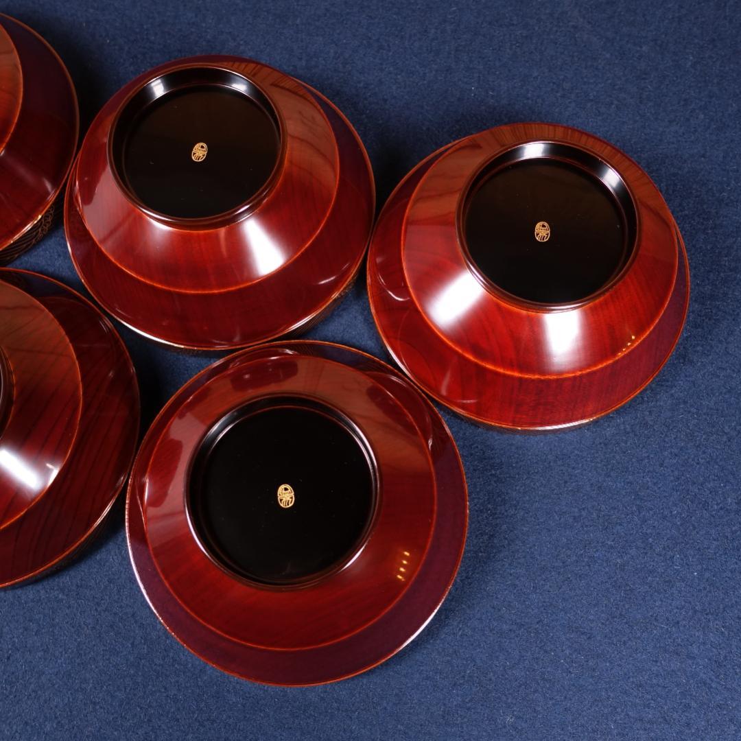 京漆匠 平安象彦 木地 内黒塗 波蒔絵 煮物椀 5客 共箱