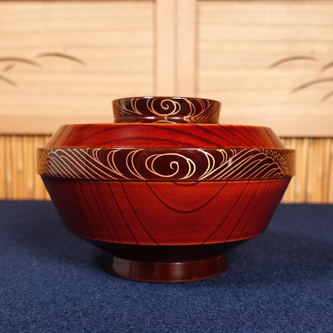 京漆匠 平安象彦 木地 内黒塗 波蒔絵 煮物椀 5客 共箱