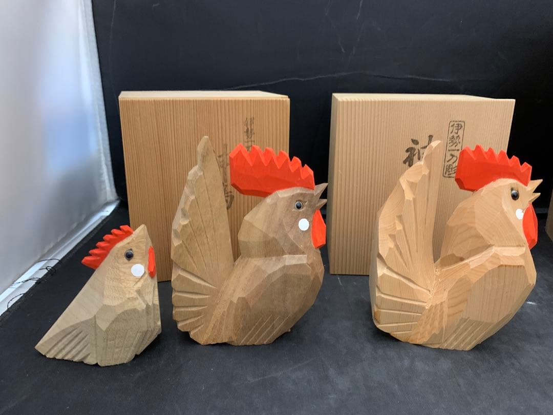 一刀彫師 中村良記作 干支の置物 酉 神鶏 雄雌2羽