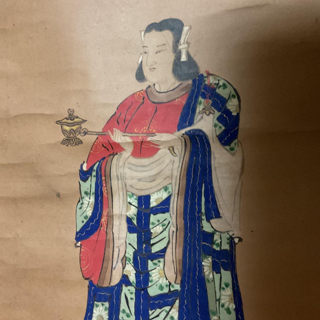 菊池容斎筆 人物像 紙本彩色掛軸 特製木箱