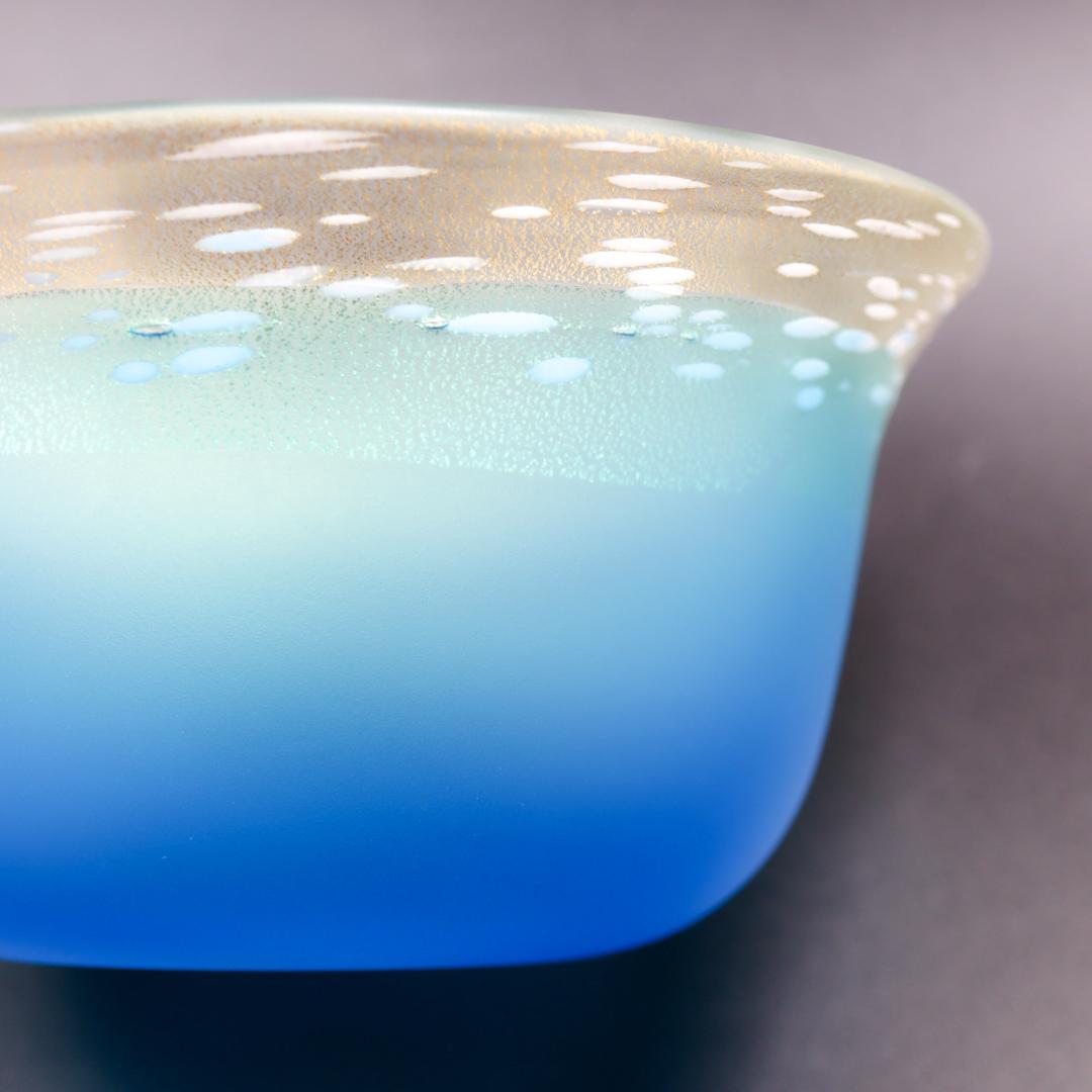 黒木国昭 アートガラス マリンブルーボウル 21cm 栞 箱付 美品