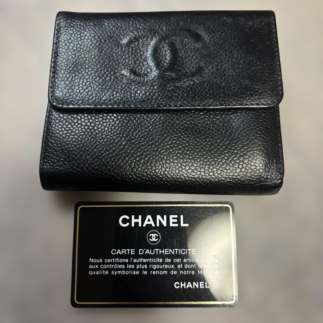 シャネル 三つ折財布 ココマーク ブラック キャビアスキン - メルカリ