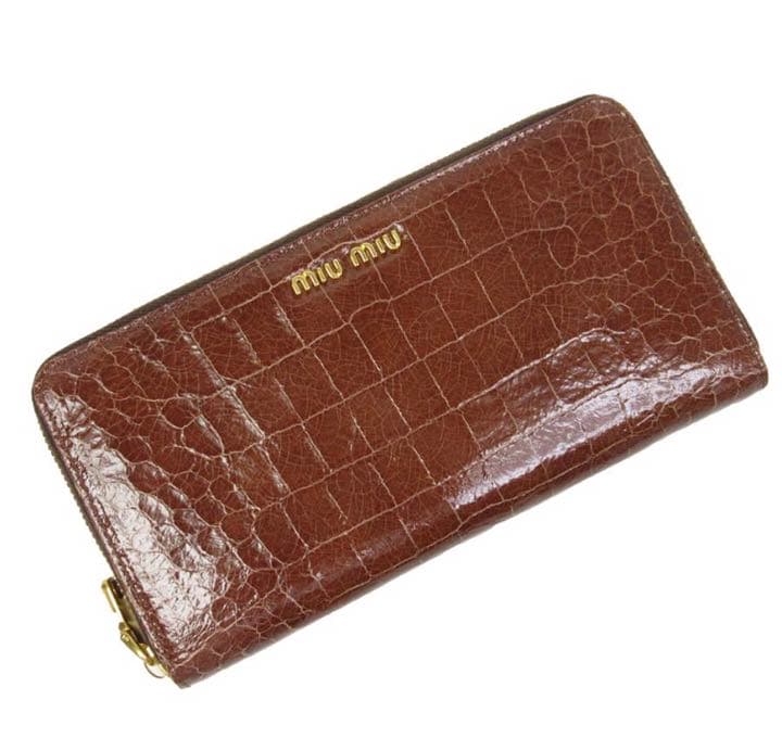 ミュウミュウ ラウンドファスナー長財布 クロコ調レザー型押し