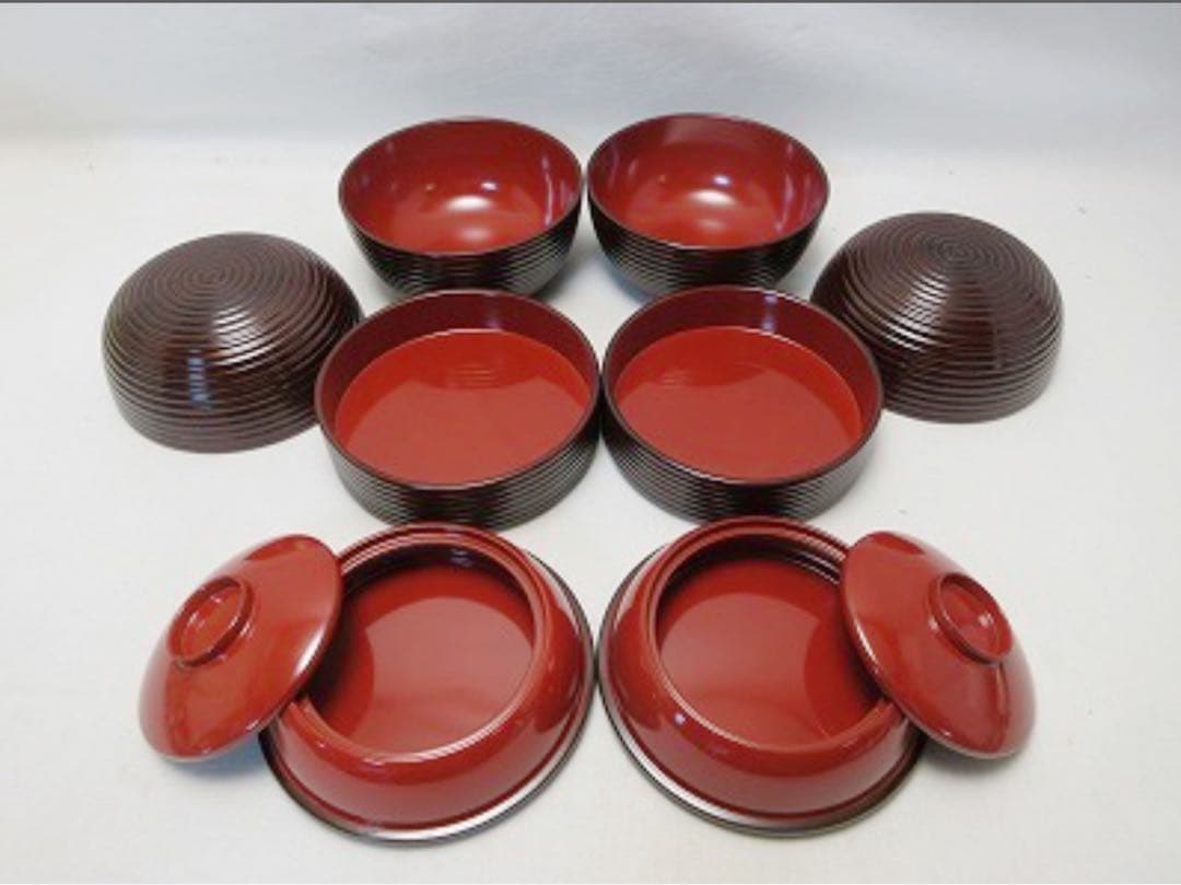 未使用 茶道具 木製溜塗 信玄三段弁当 2客揃 千筋 内朱