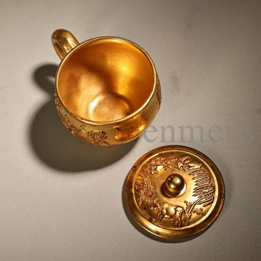 中国古美術・旧蔵純銅製・鎏金浮彫茶杯一対・細密彫・純手作り・