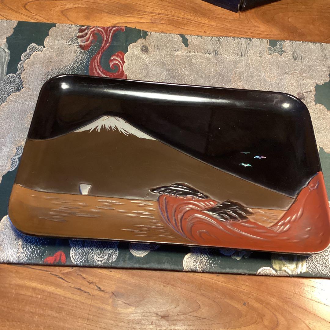 A1039 木製輪島塗　富士山　蒔絵　角盆　1枚