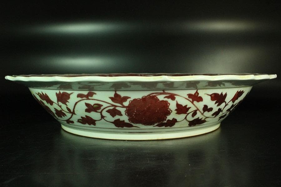 中国美術 釉裏紅 纏枝蓮花鳳紋 折口皿(K-A837)