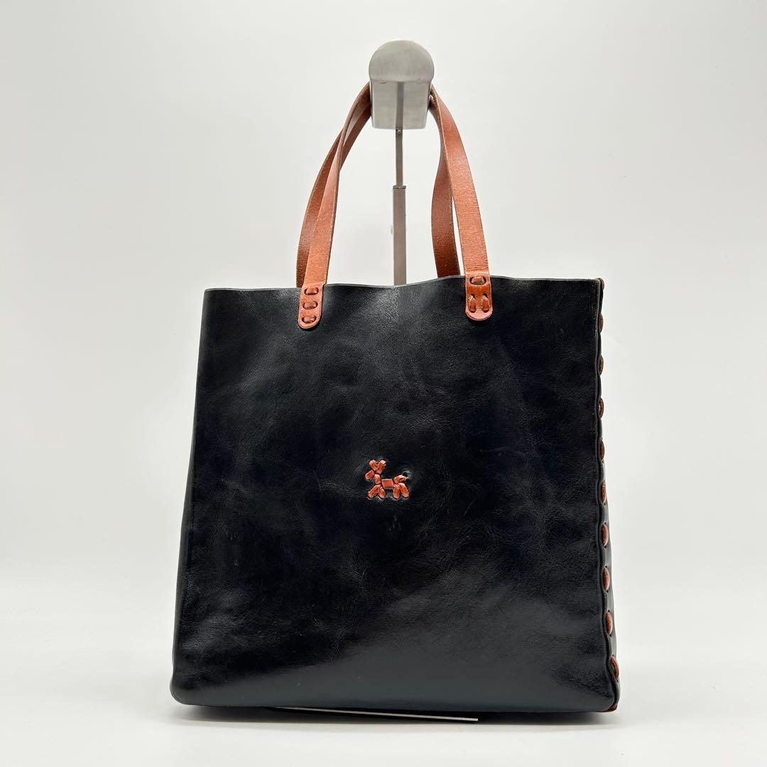 美品 アンリークイール Henry Cuir ハンドバッグ　犬 刺繍 黒