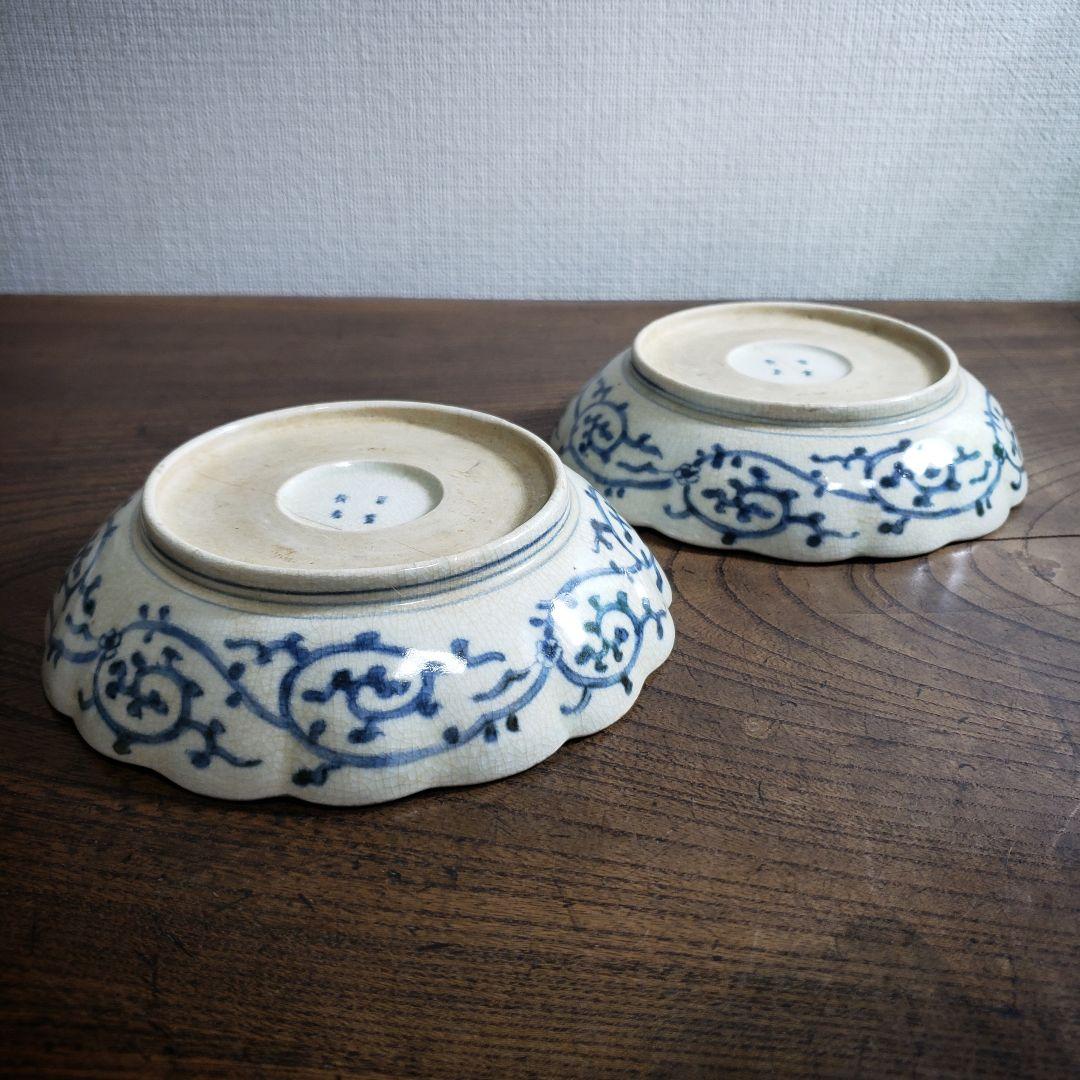 なます皿　染付　微塵唐草　富貴長春　古伊万里　　二枚　貫入　江戸　松竹梅　ロ号