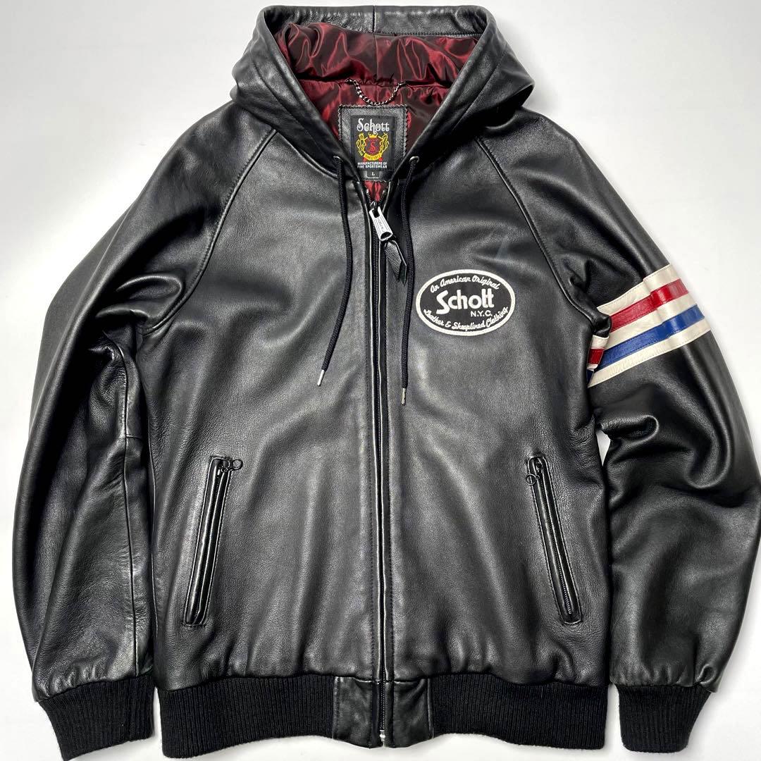 Schott レザージャケット トラックフーディー 黒 L 【100周年限定