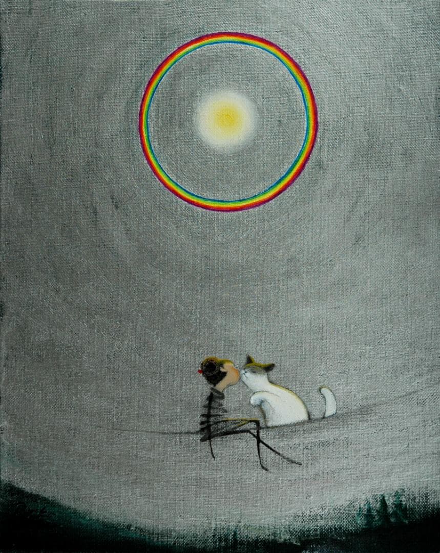 油絵 菅家令子絵 絵画インテリア額付(青緑＋金色の枠)F3-031019猫