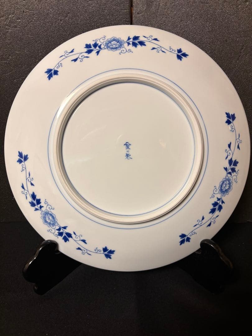 大人気　37.5cm 木箱付き　深川製磁 瑠璃牡丹　大皿 プレート 飾皿　希少