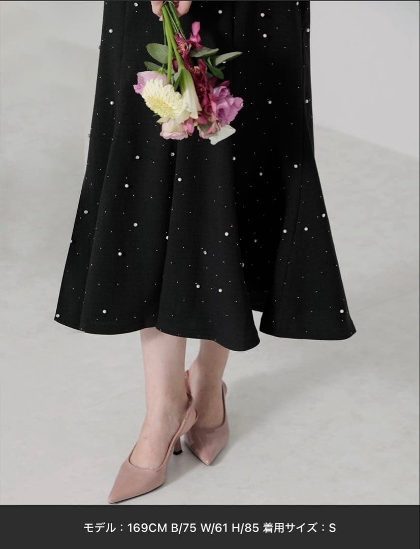 【LEJA】パールビジュー付き透け感プリーツフレアスリーブビーズマーメイド