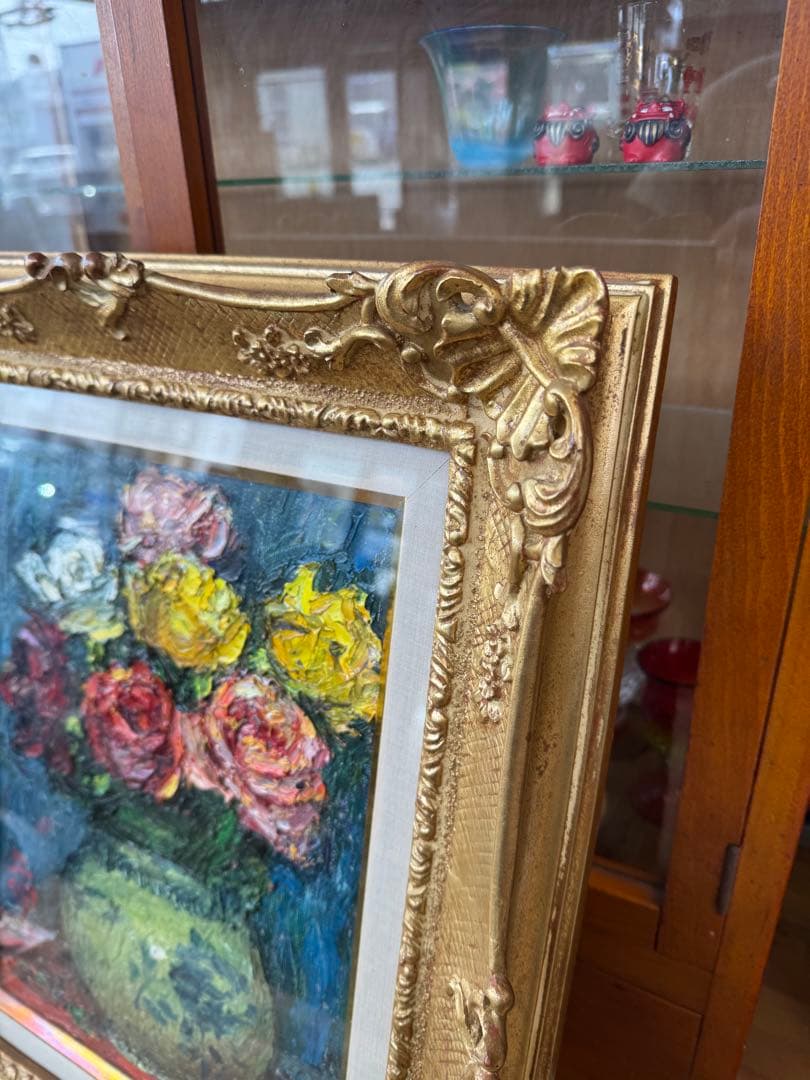 s*a様 花瓶のバラ 油彩画 金色フレーム付き