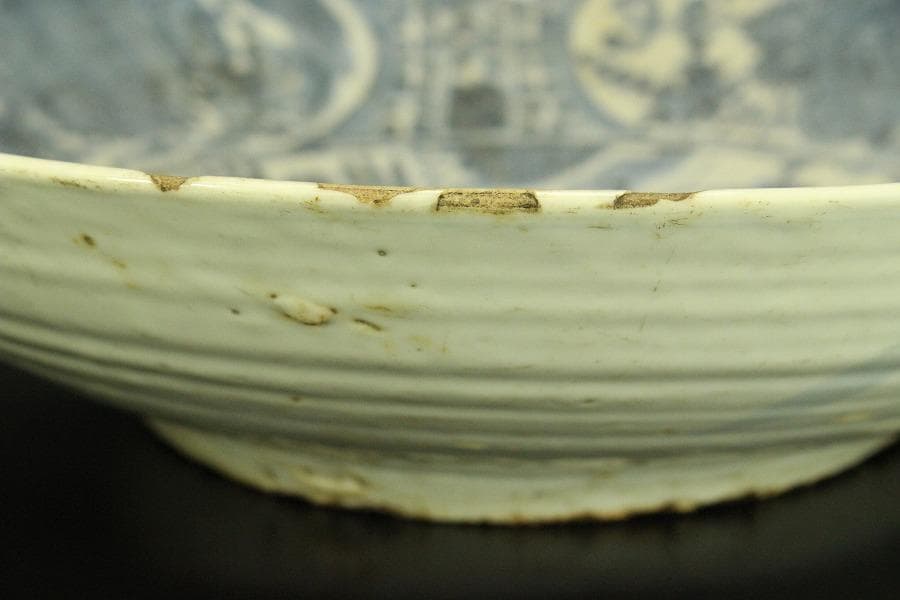 中国美術 青花 呉須 古染付 帆船図 大皿 φ47cm 明 貿易船(LC647)