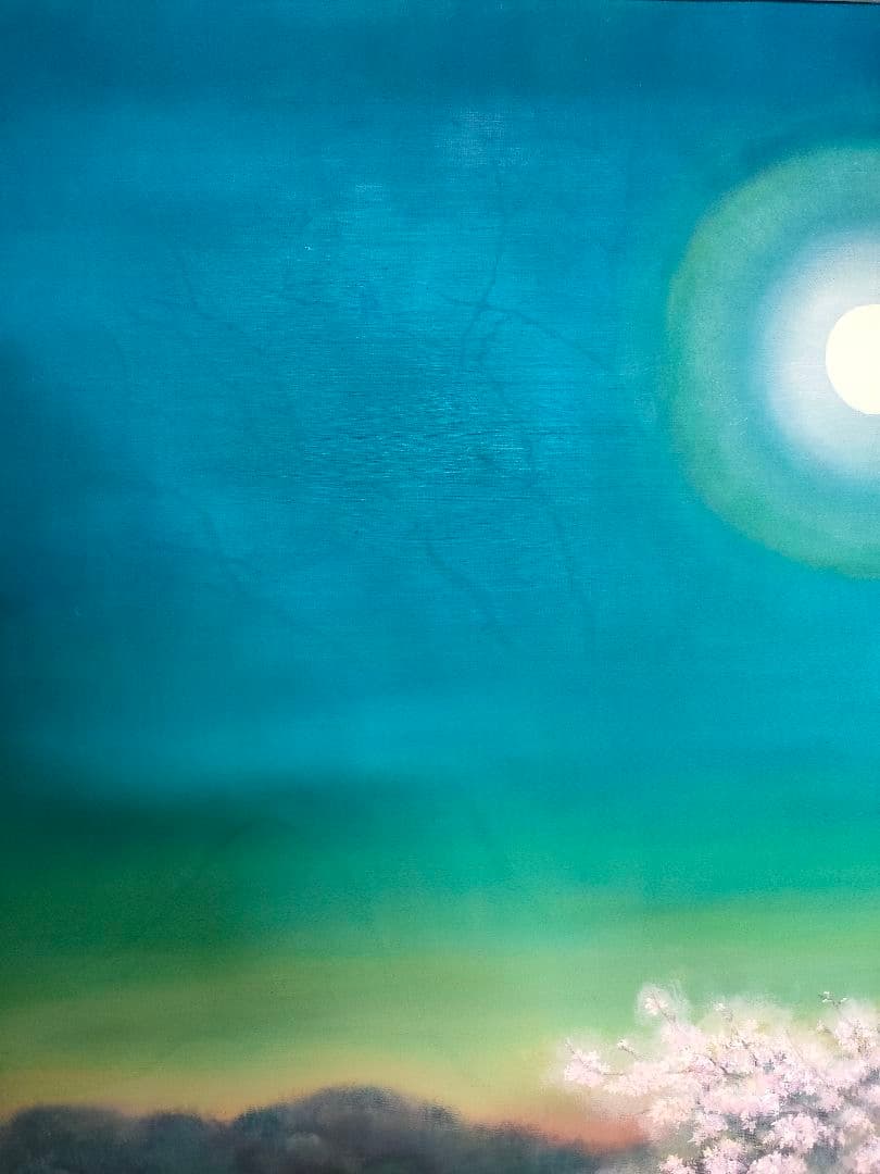 絵画 油彩画 P30号【春の夜明けに輝く月】