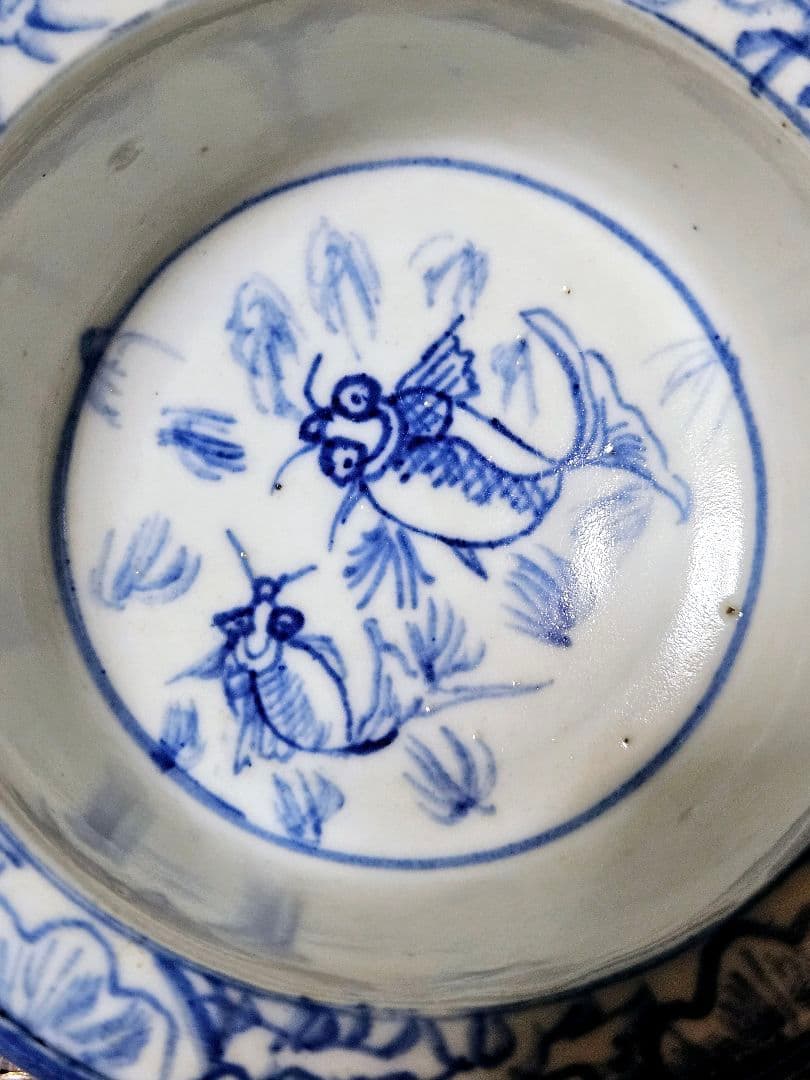 中国古美術　中国古陶磁器　古玩　明朝末期～清朝初期　青華　古染付　金魚図　広口鉢