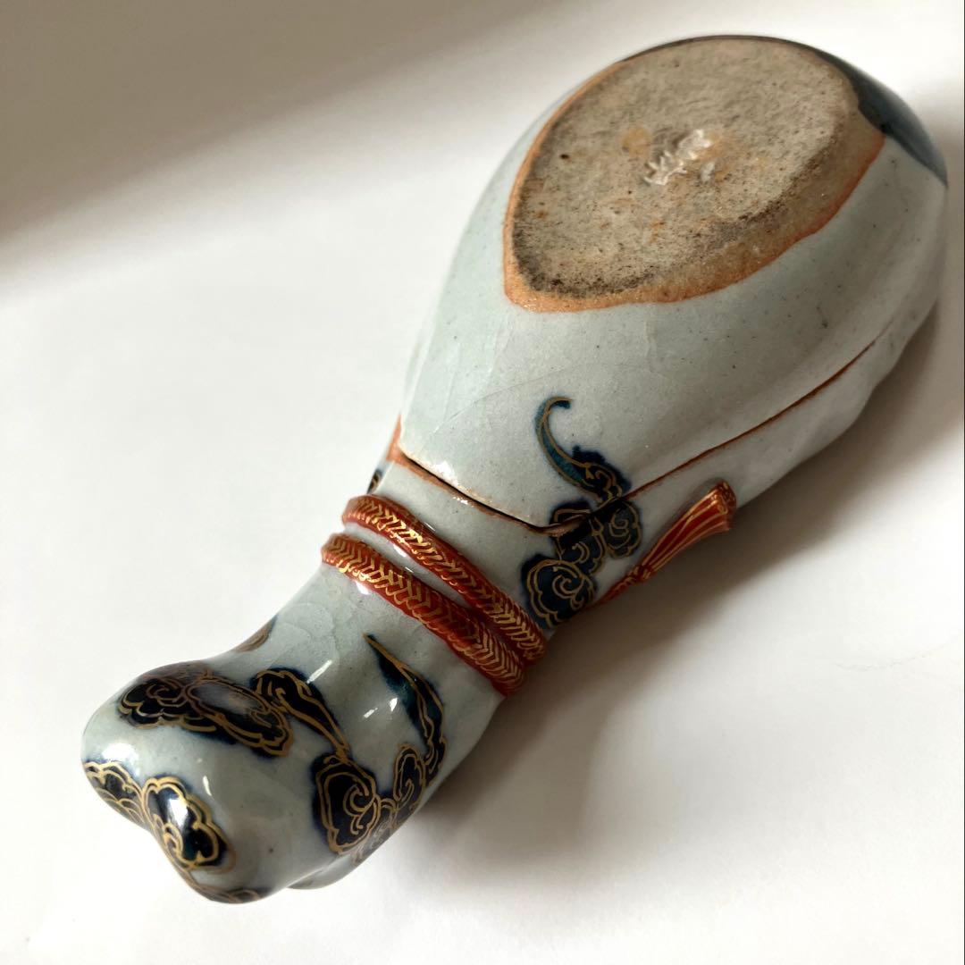 茶道具】宮川香齋作 真葛焼 琵琶袋形香合 色絵金銀彩 真葛印