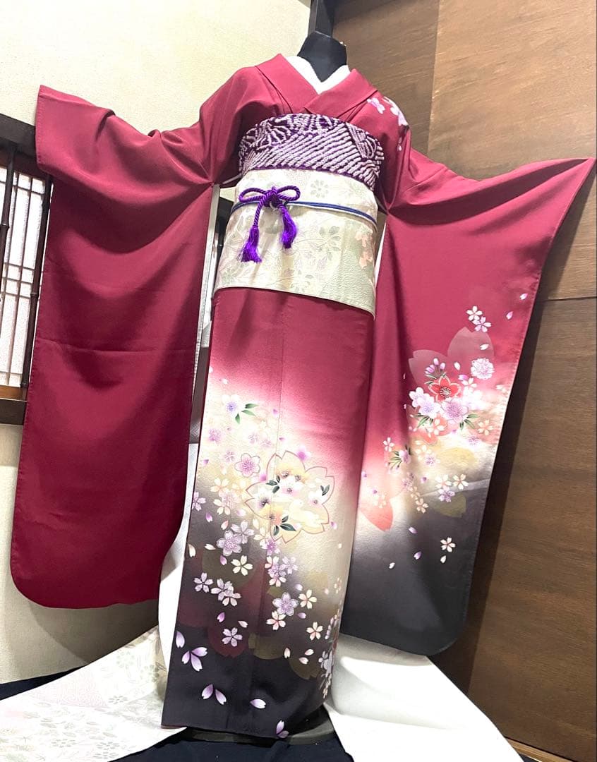 振袖フルセット6点サイズL跳兎 舞桜 暈し染 銀彩