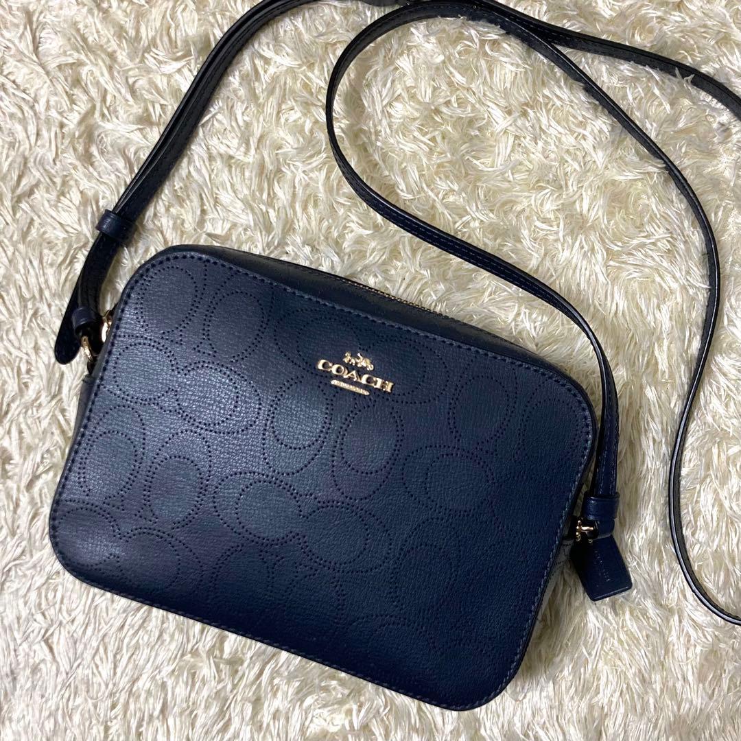 【極美品】COACH コーチ カメラバッグ レザー ネイビー シグネチャー