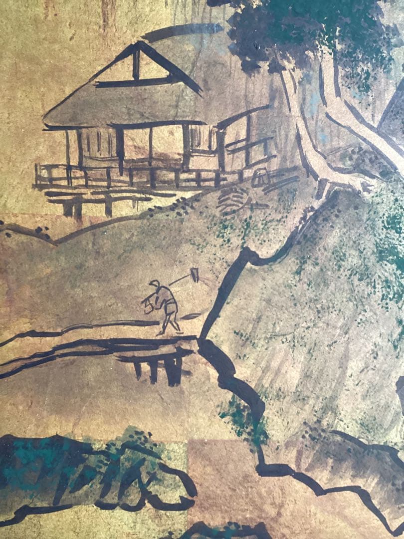 日本画山水画金箔背景