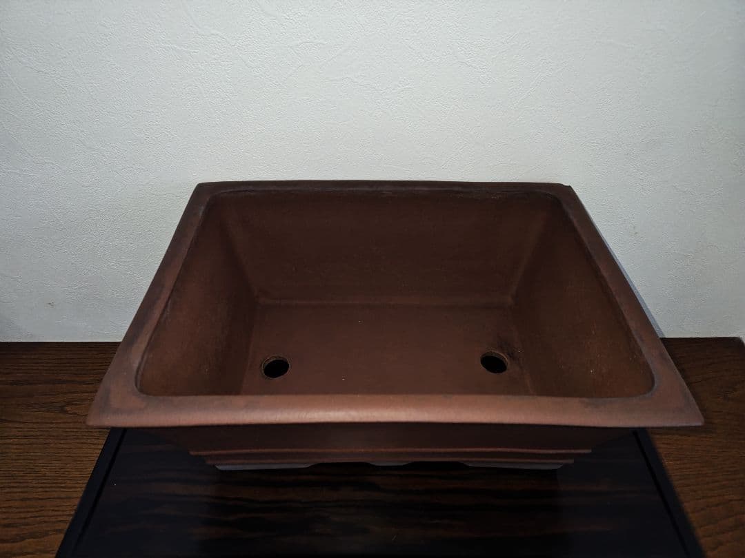 茶色の陶器製長方形盆栽鉢 太山 落款あり 希少 大型