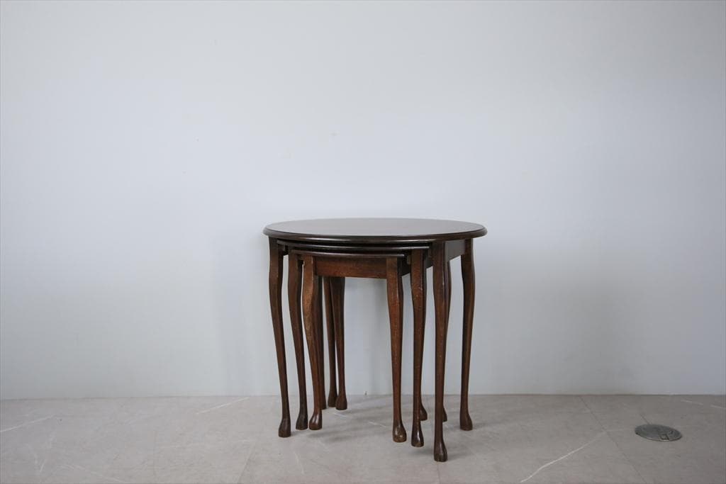 英国アンティーク猫脚ネストテーブル3台/木製机/サイドテーブル(92-238