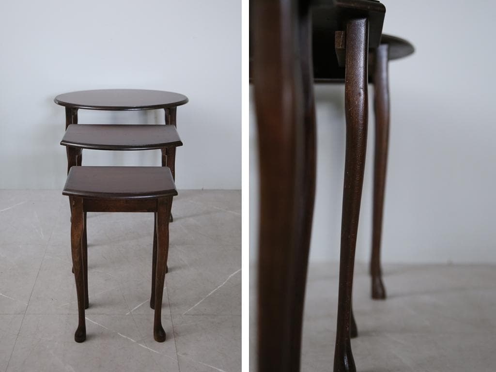 英国アンティーク猫脚ネストテーブル3台/木製机/サイドテーブル(92-238