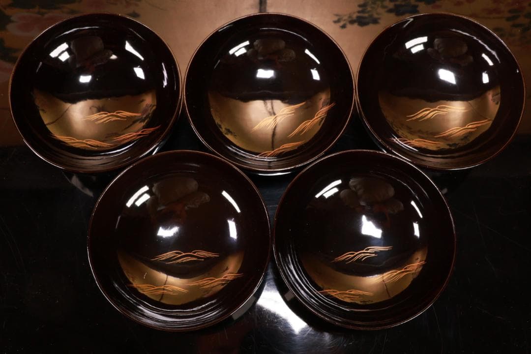 コーヒーじいさん専用 BJ021 時代輪島塗 波に雲上富士図金蒔絵 吸物椀 五