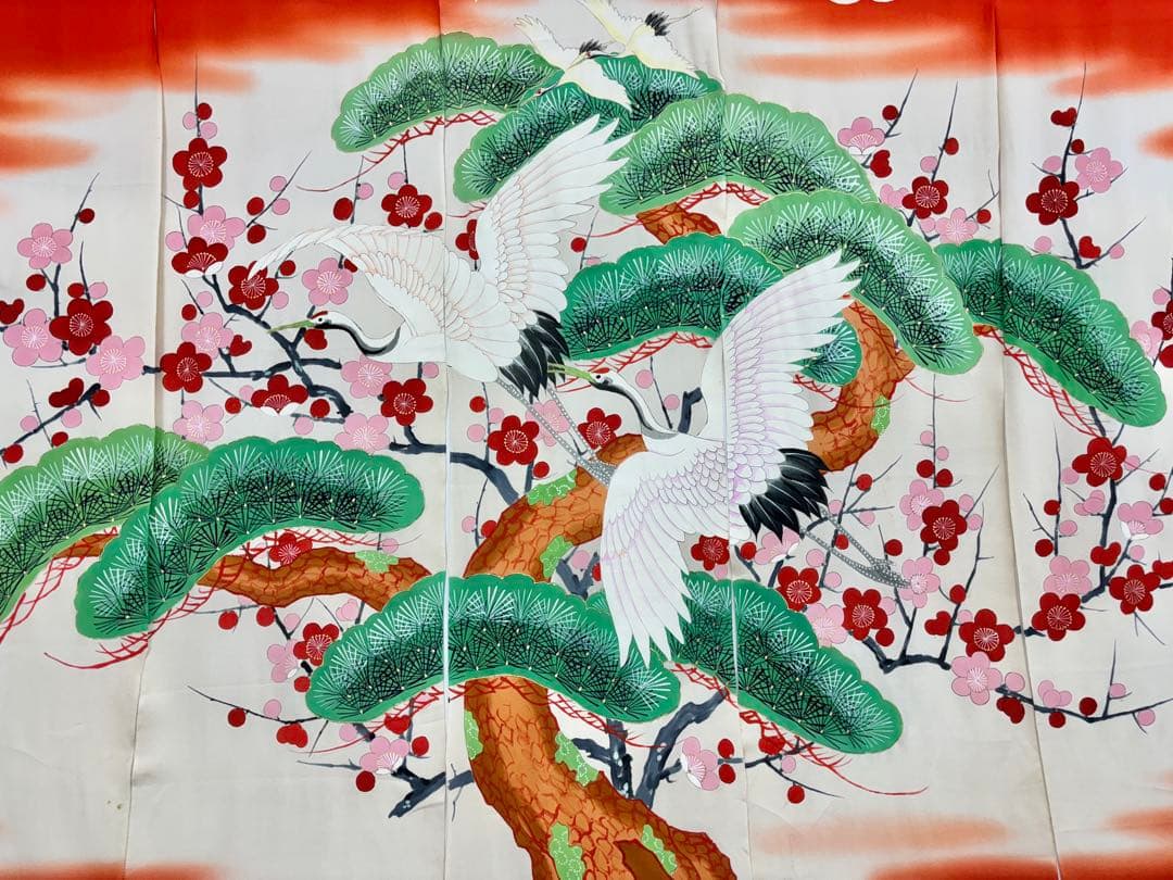 花嫁のれん　加賀のれん　鶴・松・梅／朱色・オフホワイト《こ241》#江戸小もーん